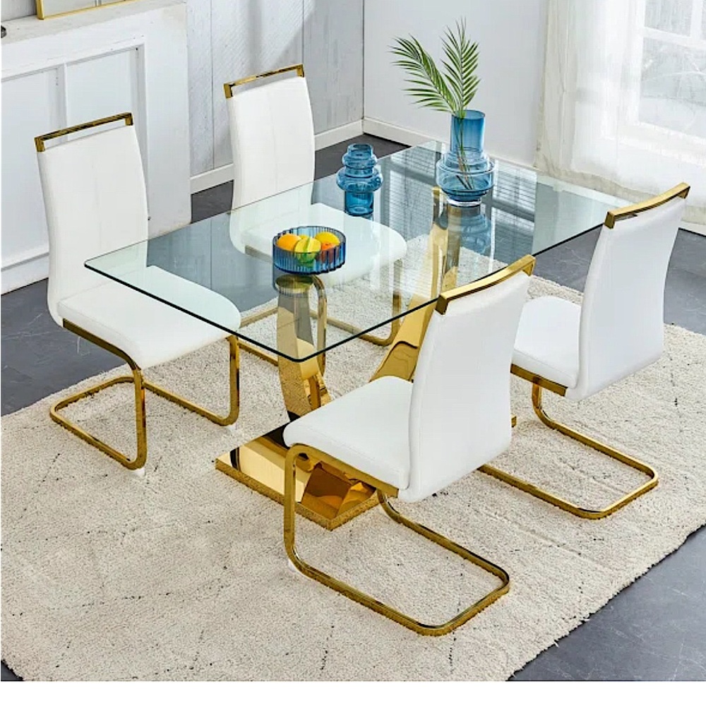 Modern Glass Dining Table Set with White Chairs